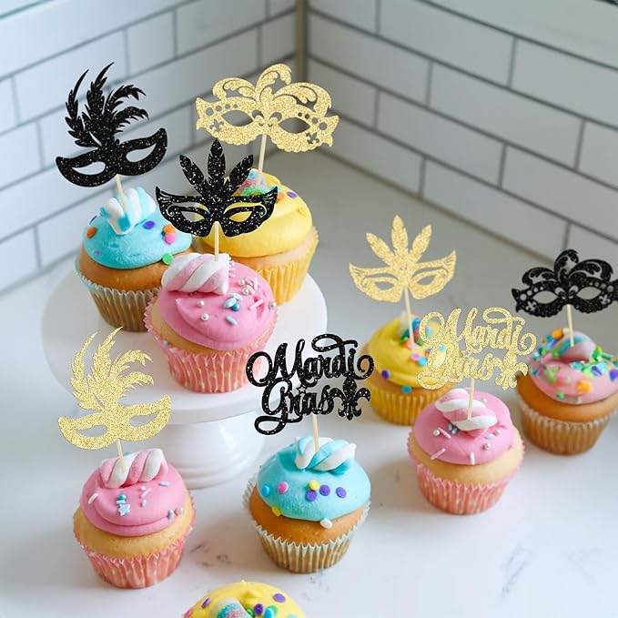 Gyufise 24Pcs Masquerade Masks Cupcake Toppers Black Gold Glitter Mardi Gras Cupcake Food Fruit Picks Masquerade Mardi Gras Party Baby Shower Birthday Party Cake Decorations