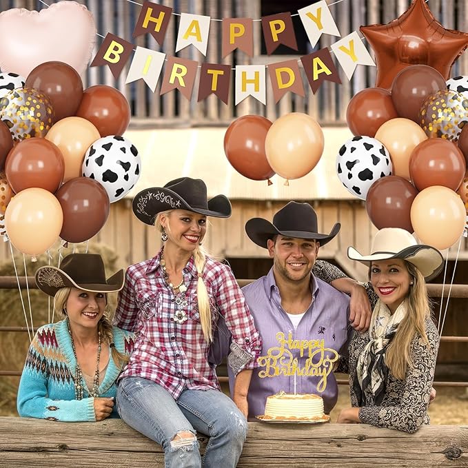 Western Cowboy Birthday Decorations,Brown Nude Gold Cow Print Balloons Banner Star Heart Foil Balloon for Farmhouse Baby Shower Birthday Party