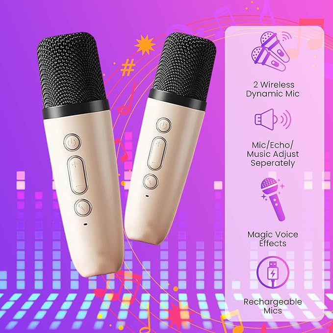 Mini Karaoke Machine Toy for Kids with 2 Wireless Microphones - Portable Bluetooth Kids Karaoke Machine, Fun Singing System for Children, Ideal Gift for Girls and Boys