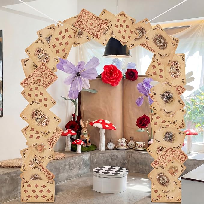 Preboun Wonderland Tea Party Decoration 6.56 x 4.9 ft Vintage Poker Cards Door Banner Wonderland Garland Photo Props Background for Birthday Baby Shower Tea Party Supplies