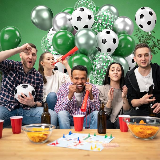 Soccer Balloons, 12 Inch Football Balloon Metallic Green Silver black Confetti Party Latex Ballons for Boy Soccer Birthday Sport Decorations Baby Shower Graduation Party Supplies