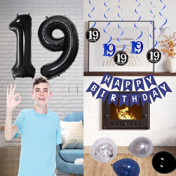 19th Birthday Decorations for Boys and Girls Dark Blue, 19 Birthday Decorations with HAPPY BIRTHDAY Banner 19 Balloon Number Tablecloth Foil Star Balloons Garland Arch Kit-19 Year Old Party Supplies
