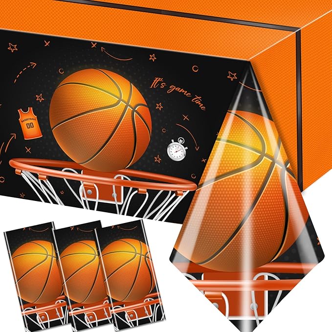 CMUSKO Basketball Tablecloth, 3 Pcs Basketball Birthday Decorations Rectangle Plastic Table Cover, Disposable Table Cloths for Basketball Sports Themed Party Supplies, 108 x 180 cm