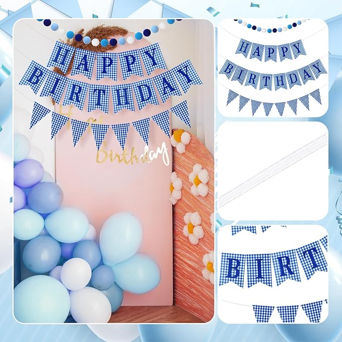 Set of 4 Blue Gingham Happy Birthday Banner Plaid Checkered Pennant Banner Decorations Felt Ball Happy 1st Birthday Garland for Gingham Party Supplies
