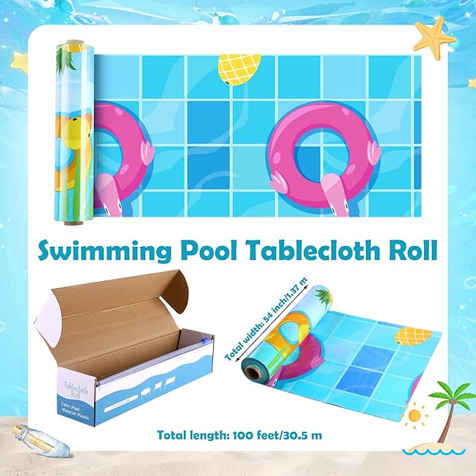 Kochorie Swimming Pool Plastic Tablecloth Roll 100 Ft x 54 Inch Pool Party Table Cover Roll with Cutter Box Summer Themed Ocean Backdrop for Summer Beach Pool Ocean Party Supplies