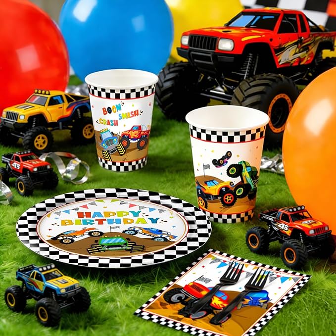 96 Pcs Truck Plates and Napkins Tableware Set (Serves 24), Party Supplies Include Plates Napkins and Forks for Truck Birthday Decorations