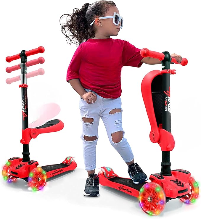 Hurtle 3-Wheeled Scooter for Kids - Wheel LED Lights, Adjustable Lean-to-Steer Handlebar, and Foldable Seat - Sit or Stand Ride with Brake for Boys and Girls Ages 1-14 Years Old