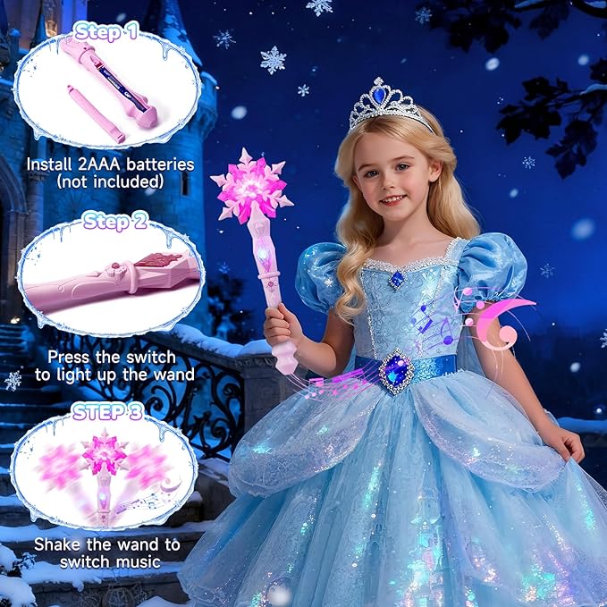 KingGlee Light Up Snowflake Wand with Music, Motion Sensitive Magic Princess Toy Wands for Kids Girls Birthday Roleplay Party Favor 2 Pack, Blue & Pink