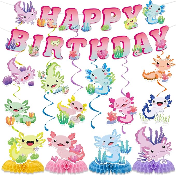 Axolotl Birthday Decorations Include Colorful Axolotl Happy Birthday Banners Hanging Swirls Honeycomb Centerpiece Reptile Animals Axolotl Theme Bday Party Supplies