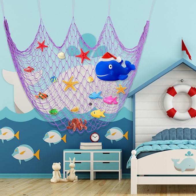 Shappy 2 Pcs Fish Net Decorative 80 x 40 Inch, Wall Hanging Fishnet for Mermaid, Pirate, Nautical, Under The Sea Party Decoration Ocean Themed Hawaii Beach Birthday Halloween Party Supplies(Purple)