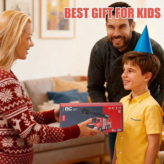 Remote Control Fire Truck Toy - Fireman Fire Truck with Jet Pump and Lights, Red Toy for 3 Year Old Boys, Girls and Toddlers