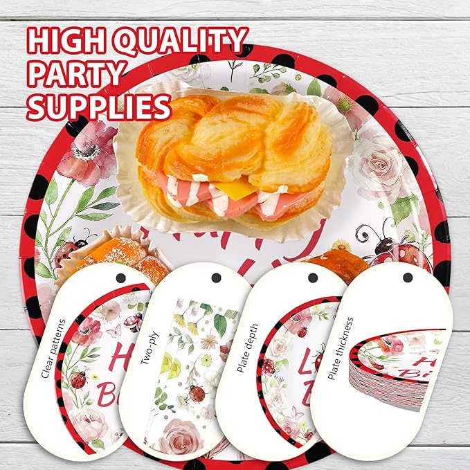 96Pcs Ladybug Birthday Party Supplies Cute Ladybird Birthday Plates and Napkins Cute Red Black Ladybug Theme Tableware Set for Kids Insect Theme Baby Shower Party Decorations Serves 24