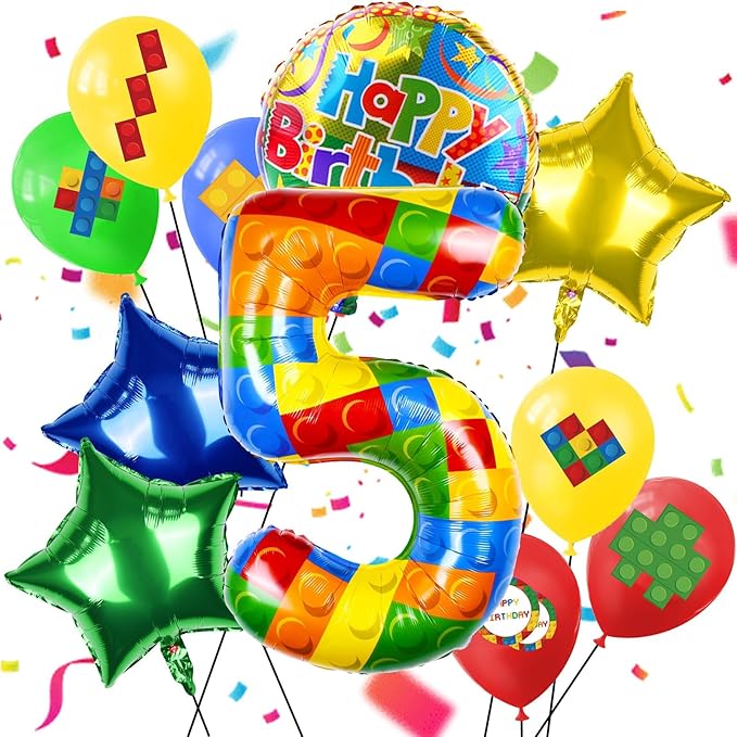 40 Inch Building Block Number Balloon, Colorful Number Block Foil Number 5 Balloons Large Big Numbers Helium Balloon for Girls Boys 5th Birthday Brick Theme Party Decorations (Number 5)