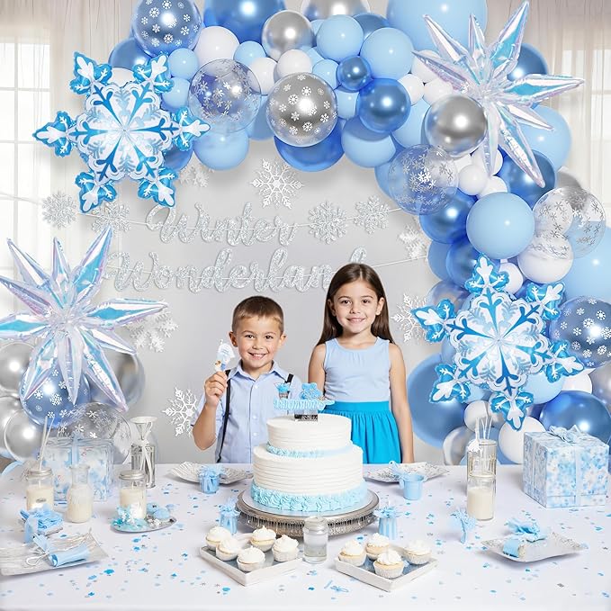 Amandir 162PCS Blue Snowflake Balloons Arch Garland Kit, Winter Wonderland Banner White Silver Latex Snow Confetti Balloons Princess Winter Wonderland Christmas Baby Shower Birthday Party Decorations