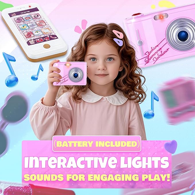 Toy Choi's Little Girls' Princess Pretend Play Set - Pink Backpack with Makeup Kit, Play Phone & Camera, Fashion Play Purse for Little Girls Ages 3-6 Years