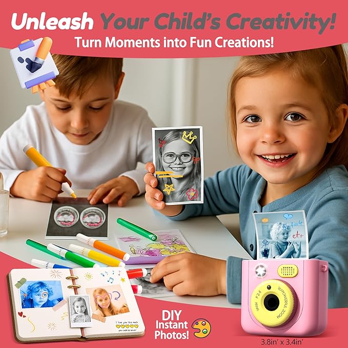 Instant Camera for Kids, Digital Print Camera 48MP 1080P, Color & B&W Printing, 2.4" Display, USB-C Rechargeable, 32GB Card, Christmas & Birthday Gifts for 3-12 Year Old Girls Boys (Pink)