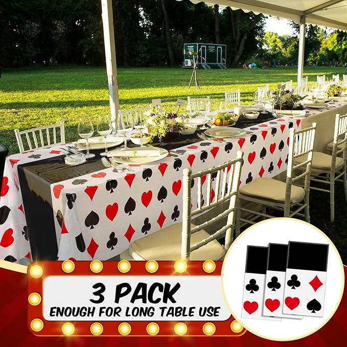 Hosuly 3 Pcs Casino Theme Party Decorations Poker Tablecloth Poker Plastic Disposable Table Cover Casino Theme Tablecloth for Game Birthday Playing Card Party Picnic Supplies, 51 x 108 Inch (Black)