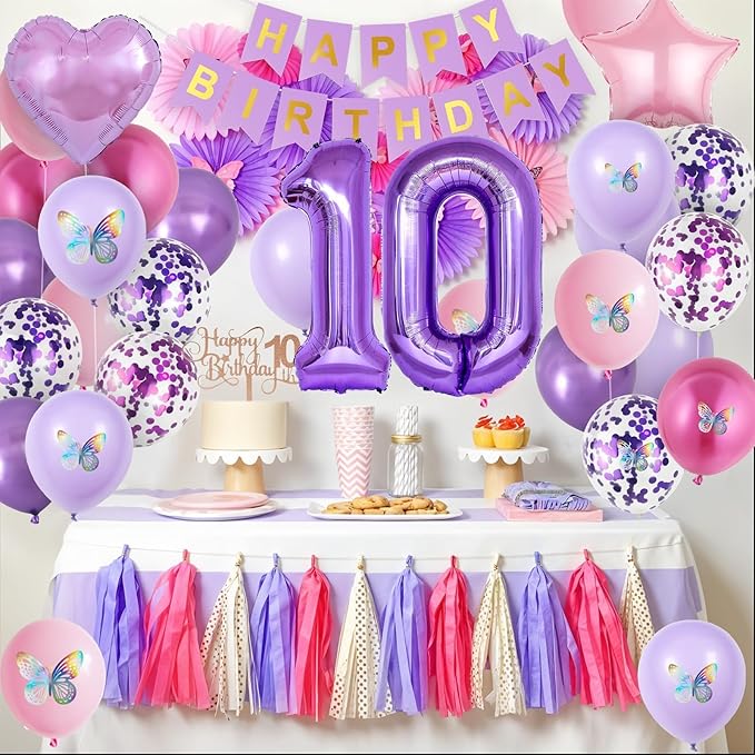10th Birthday Decorations for Girl,Pink Purple 10th Butterfly Birthday Decorations 10th Birthday Balloons Pink Purple Birthday Banner Number 10 Balloons Cake Topper Butterfly Party Supplies for Girls