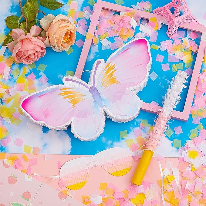 Lewtemi Butterfly Piñata Decorations with Stick Blindfold and Confetti for Birthday Fairy Woodland Theme Decorations Photo Prop Funny Anniversary