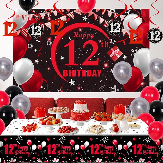 12th Birthday Decorations for Boys Girls, Red Black Happy 12th Birthday Decorations, 12 Birthday Backdrop Banner Tablecloth Triangle Flag Balloons, 12 Year Old Boy Girl Bday Party Supplies