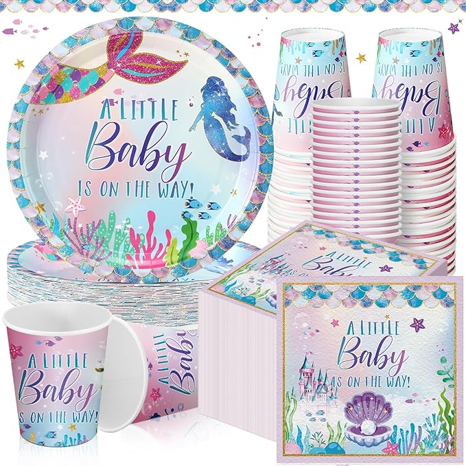 200 Pcs Mermaid Baby Shower Paper Plates Napkins Cups Under the Sea Baby Shower Party Supplies Tableware Set Purple Green Disposable Cup Napkin for 50 Guest Girls Spring Party Decoration