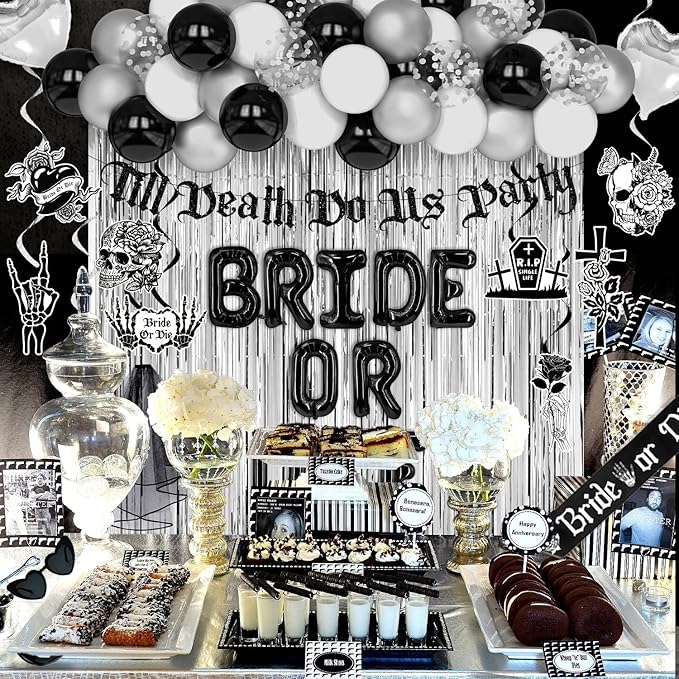 Bride or Die Bachelorette Party Decorations, 67pcs Till Death Do Us Party Banner Balloons Swirl Fringe Curtains Shoulder Strap Veil, Til Death Do Us Party Bachelorette Party Supplies