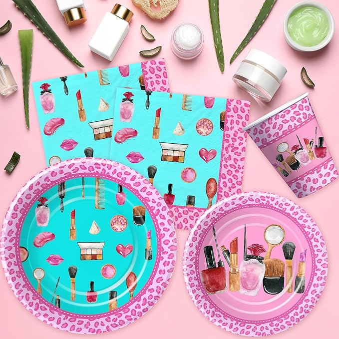 Spa Party Decorations Tableware For Girls, Spa Day Makeup Birthday Party Supplies, Paper Plate, Napkin, Tablecloth, Disposable Fork | Serves 24