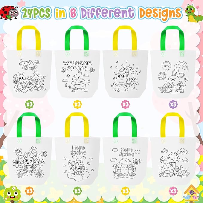Hello Spring Coloring Goodie Bags for Kids - 24Pcs Welcome Spring Bulk Color Your Own Gift Bags with Handle SpringTime Reusable Coloring Bag Non Woven Tote Bag for DIY Crafts Painting Party Favor Supplies