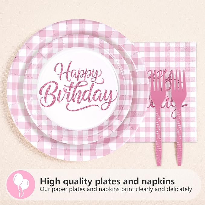 96Pcs Pink Gingham Birthday Decorations Pink and White Checkered Plates and Napkins Plaid Birthday Decoration Favors for Girl Women Christmas Bday Baby Shower Holiday Picnic Party Supplies Serves 24