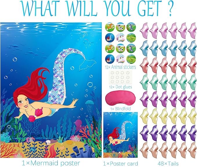 Morcheiong Pin The Tail on The Mermaid Birthday Party Game with 48pcs Tails for Kids Mermaid Birthday Supplies Decorations Favors
