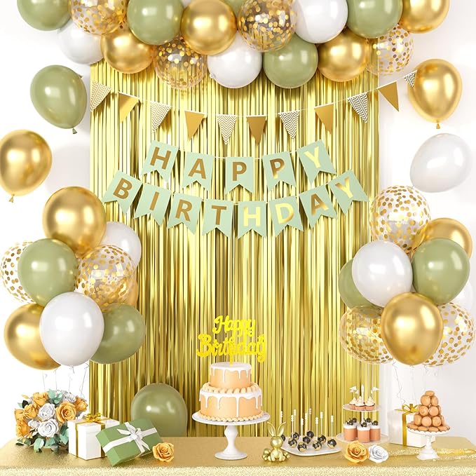 Sage Green Birthday Decorations, Green And Gold Happy Birthday Party Decorations, Olive Green White Gold Confetti Balloons Fringe Curtain Banner Cake Topper For Boy Girl Man Women Party Supplies