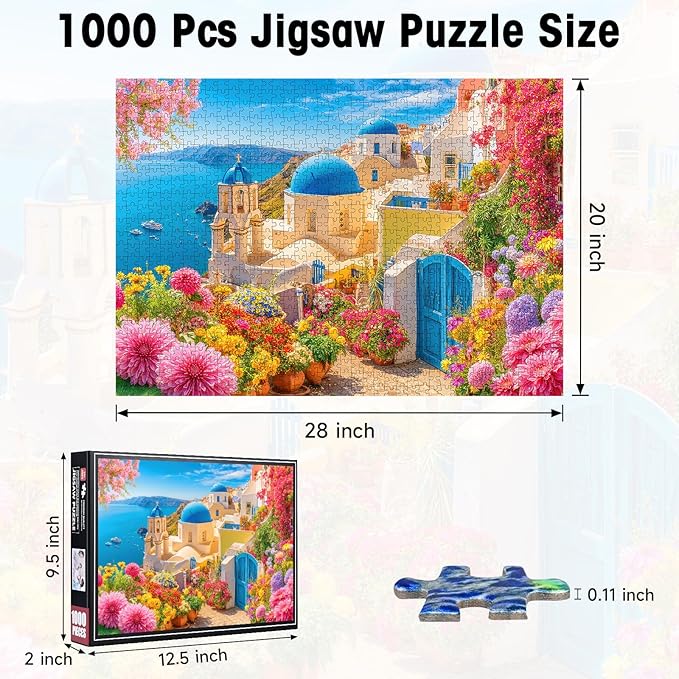 1000 Pieces Jigsaw Puzzles for Adults, Santorini Landscape Puzzle with Letters on Back, Hard Difficult Challenging Adult Puzzle for Family Game & Holiday Decor Gift