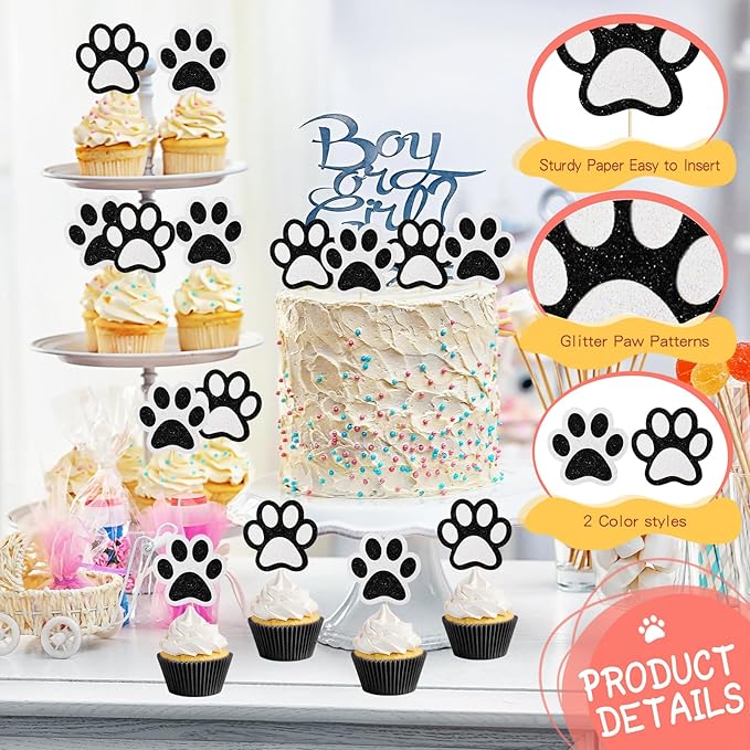 36 Pcs Paw Cupcake Toppers Glitter Dog Paw Cake Decorations Black White Glitter Puppy Cupcake Toppers for Baby Shower Boys Girls Birthday Party Cake Supplies (2 Styles)