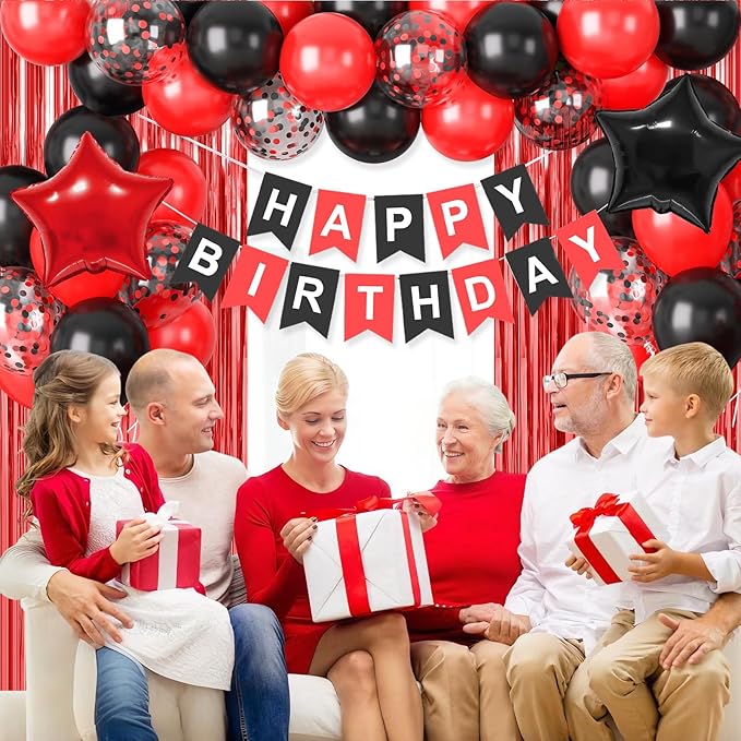 Red and Black Party Decorations, Birthday Decorations Supplies with Red Black Balloon Happy Birthday Banner Fringe Curtains Foil Balloons Cake Topper for Boys Girls Men Women Party Decor