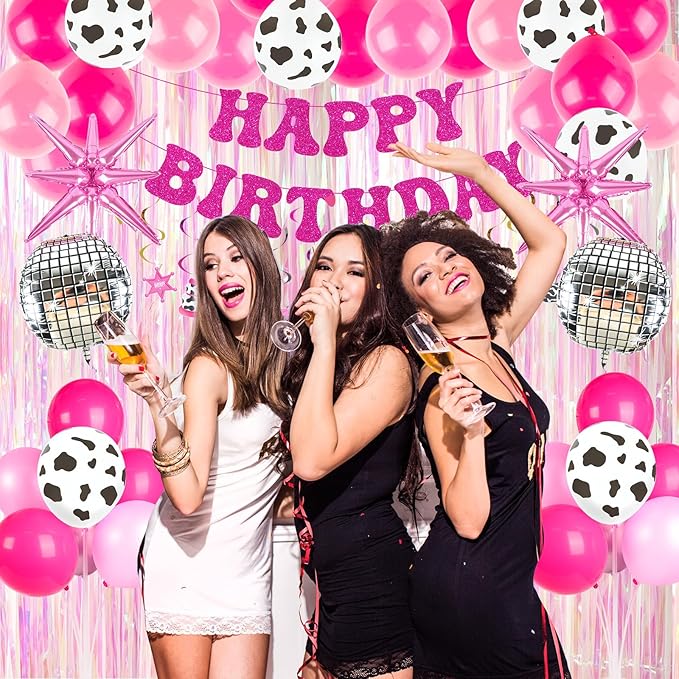 185Pcs Cowgirl Birthday Party Decorations Supplies - Includes 20 Guests Tableware Set and Birthday Banner Backdrop Foil Balloons Stand Cake Toppers for Western Disco Cowgirl Party Decor