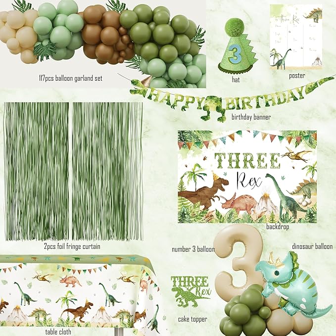 Three Rex Birthday Party Decorations Boy, Dinosaur 3rd Birthday Party Supplies, Three Rex Backdrop Tablecloth Fringe Curtain Balloon Arch Cake Topper Birthday Banner Hat