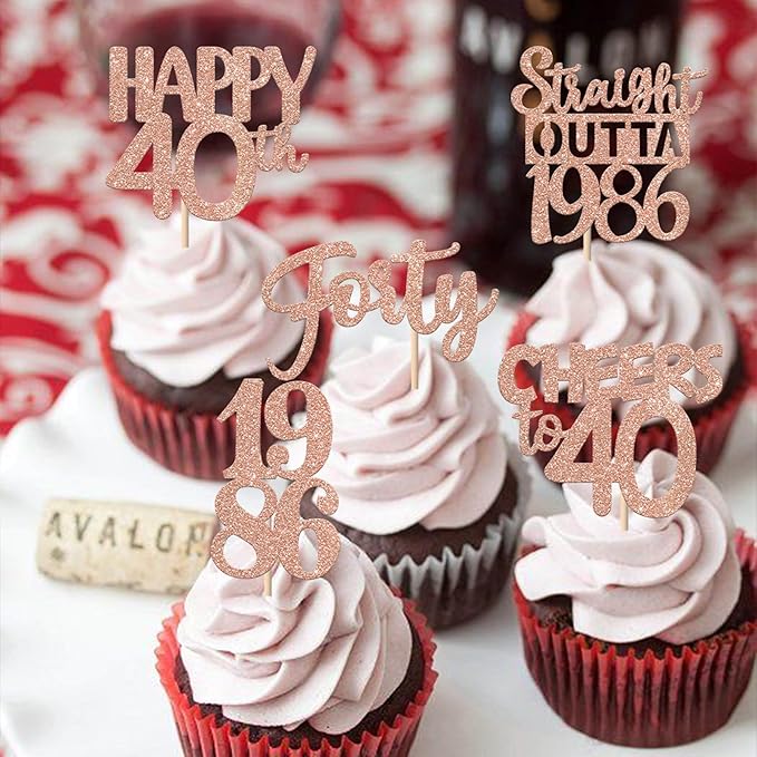 30PCS 40th Birthday Cupcake Toppers Glitter Forty Happy 40th Straight Outta 1986 Cupcake Picks for Cheers to 40 Years Birthday Wedding Anniversary Party Decorations Supplies Rose Gold