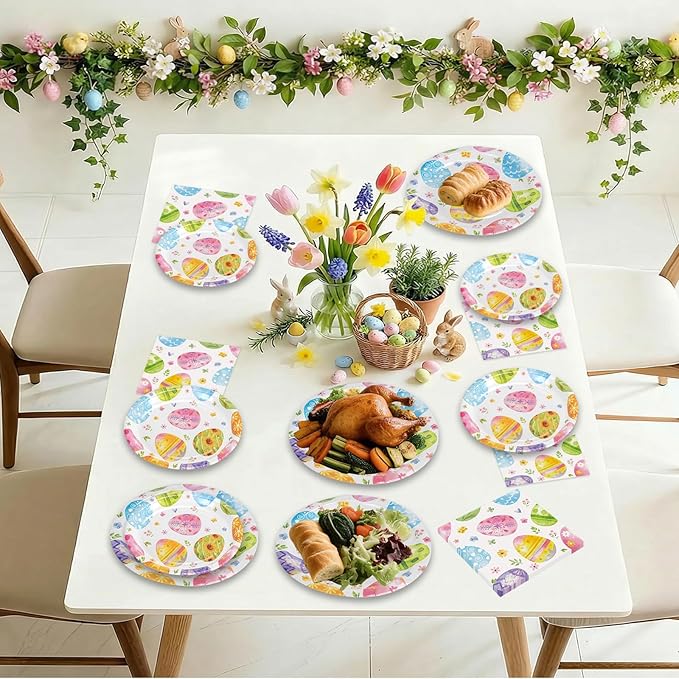 150 Pack Happy Easter Plates and Napkins Sets - Disposable Spring Paper Plates Napkins Dinnerware, Watercolor Easters Eggs Dessert Dinner Plate for Easter Party Supplies Table Decorations, Serve 50