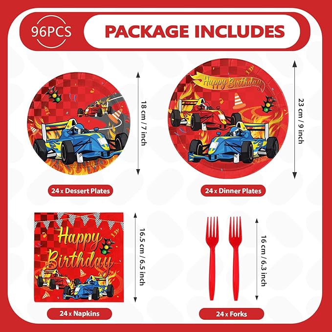 96Pcs Car Racing Birthday Party Decorations Car Birthday Plates and Napkins Sets Red Race Car Themed Decorations for Wheel Sports Boys Birthday Pit Stop Party Supplies Serves 24