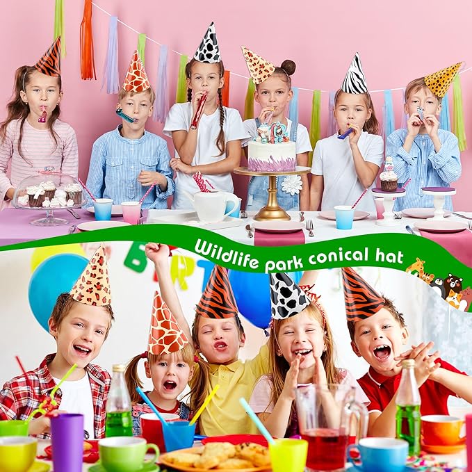 60 Pcs Jungle Party Cone Hats Leopard Print Paper Party Hats Safari Theme Birthday Party Cone Paper Hats for Kids Adults Jungle Animal Theme Party Supplies