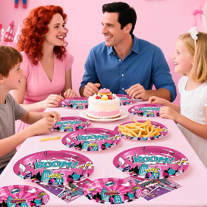 96Pcs Pink Hero Birthday Party Decorations for Girls Hot Pink Comic Hero Plates and Napkins Tableware Sets Super Theme Decorations for Kids Baby Shower Spider Hero's Themed Party Favors Serves 24