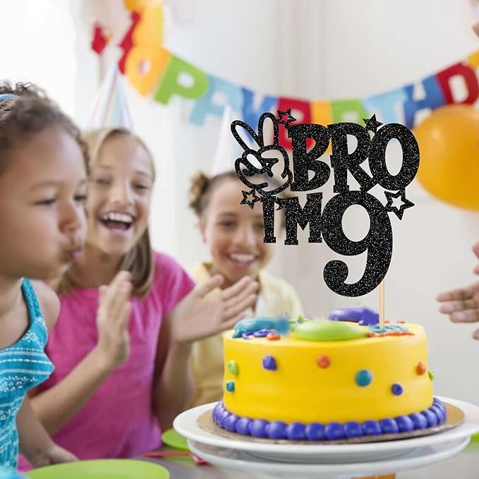 1 PCS Brother I'm 9 Cake Topper Glitter Star Happy 9th Birthday Cake Pick Bro I'm 9 Cake Decoration It's My 9th Birthday Decorations for Boys Cheers to 9 Years Old Birthday Party Supplies Black