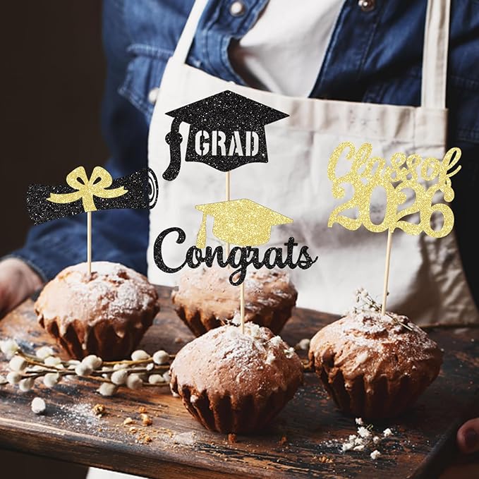 Black and Gold Graduation Cupcake Toppers Decorations Class of 2026 Cupcake Topper Graduation Cup Cake Picks Congrats Grad Party Decor Supplies Set of 24