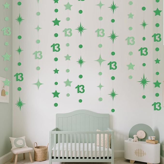 Green 13th Birthday Decorations Number 13 Circle Dot Star Garland Glitter Streamer Banner Backdrop for Girls Boys Official Teenager Cheers to 13 Years Old Birthday 13th Anniversary Party Supplies