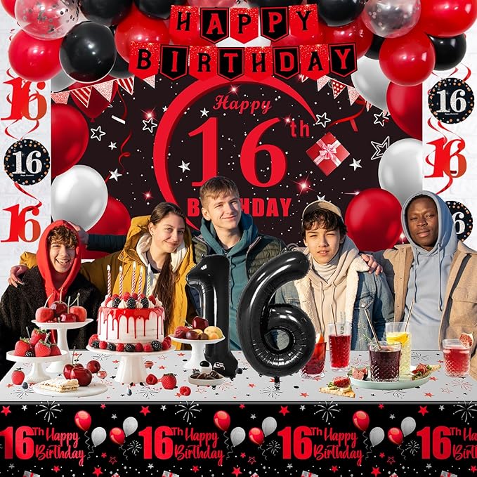 16th Birthday Decorations for Boys Girls Red Black, Sweet 16 Party Decorations with Happy 16th Birthday Banner Backdrop 16 Balloon Numbers Honeycomb Centerpieces Tablecloth 16 Years Old Party Supplies