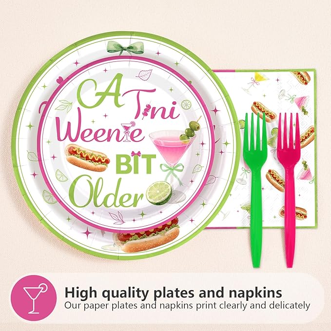 96Pcs Weenies and Tinis Birthday Decorations Hotdog Martini Plates and Napkins Tinis Bit Older Birthday Decoration Favors for Women Girls Hotdog BBQ Themed Bday Bachelorette Party Supplies Serves 24