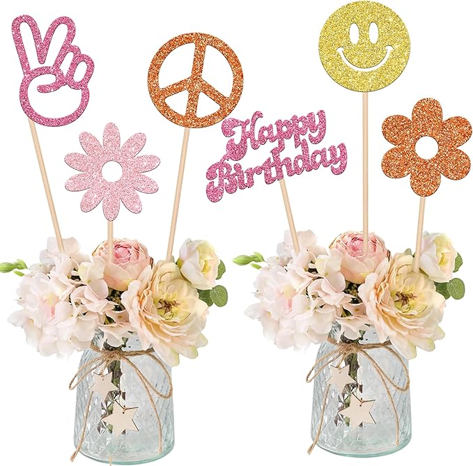 12 PCS Hippie Party Centerpiece Sticks 60s Retro Boho Dasiy Flower Sun Peace Sign Hand Table Flower Centerpieces Sticks for Hippie Theme Happy Birthday Party Centerpiece Decorations Supplies