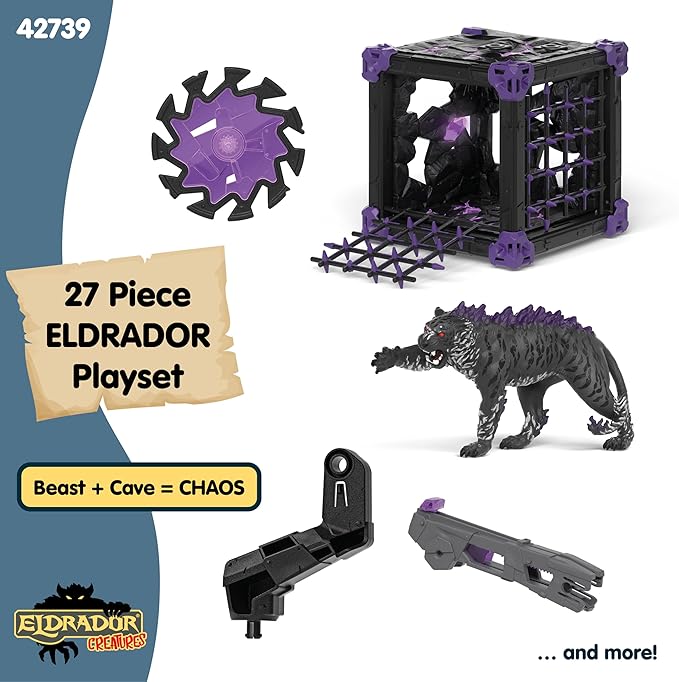 Schleich Eldrador Creatures - Battle Cave with Shadow Tiger Figure and Shooting Weapon Toy Playset - Interactive Cave and Monster Figurine for Boys and Girls - Fantasy Toys for Kids Ages 7+ | 42739