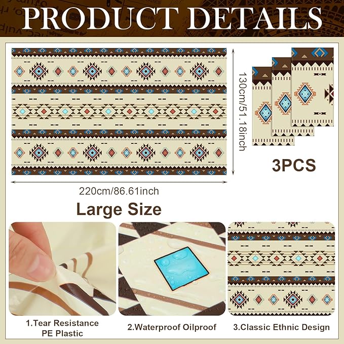 Frienda 3 Pcs Aztec Tablecloths Western Plastic Table Covers Waterproof Tribal Party Decorations Wild West Wooden House Table Cover for Western Barn Birthday Party