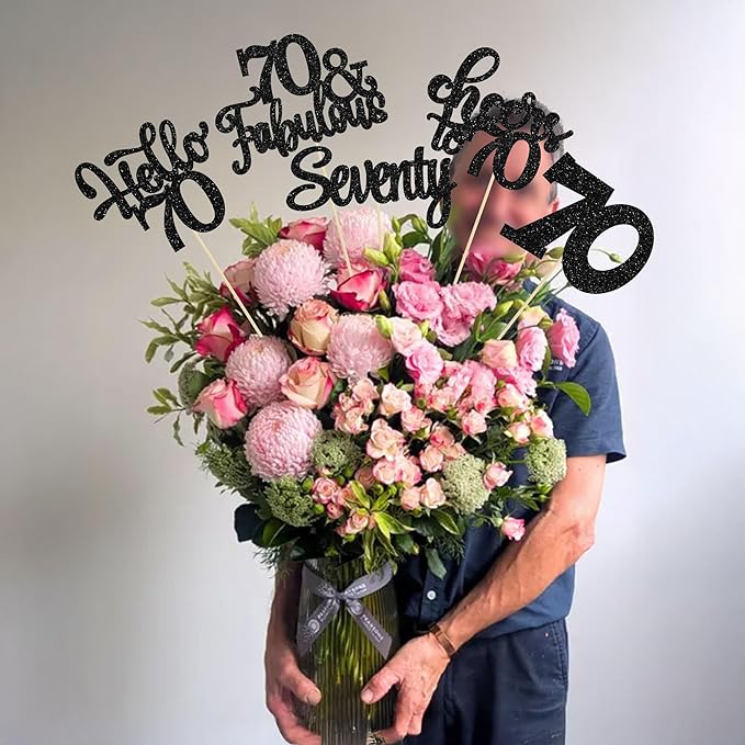 Gyufise 15Pcs 70th Birthday Centerpiece Sticks Seventy Happy 70th Table Flower Centerpieces Sticks Cheers to 70 Floral Decorations for 70th Birthday Party Centerpieces Supplies Black